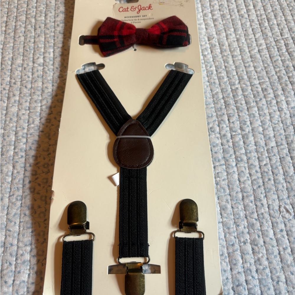 Cat & Jack Black Suspenders with Red Plaid Bow Tie Set